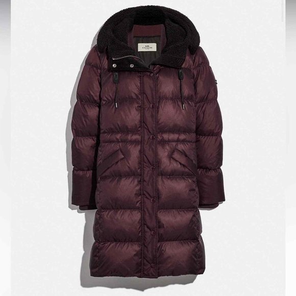 NWT Coach Quilted Long Puffer Coat Bordeaux Winter Jacket Maroon Faux Fur MEDIUM - Picture 1 of 14